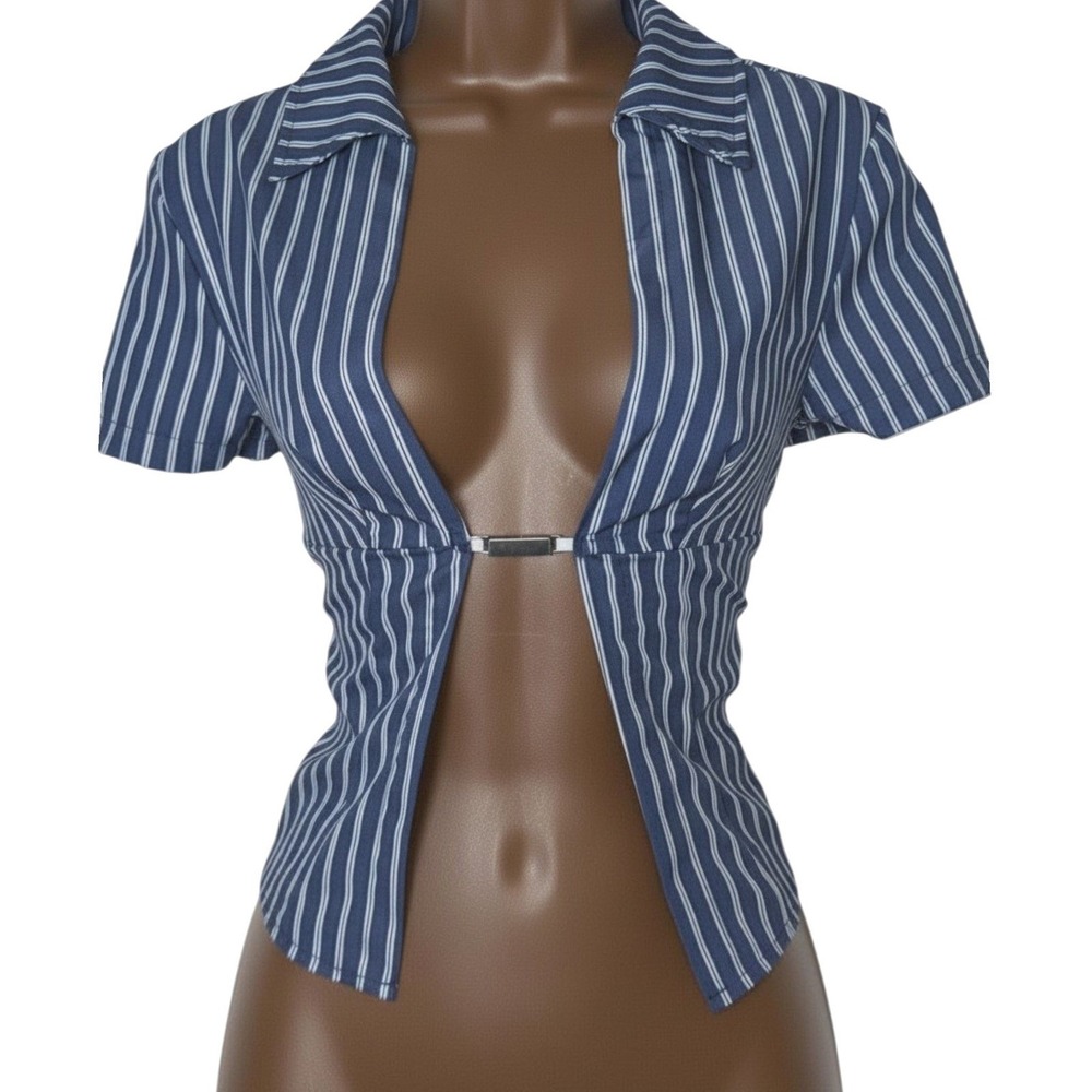New Small Blue Pinstripe Short Sleeve Open Front Crop Top Metal Clasp Closure
